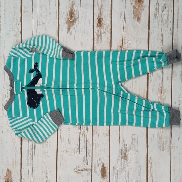 Carter's Aqua/White Striped Whale Romper 12M - Picture 1 of 8